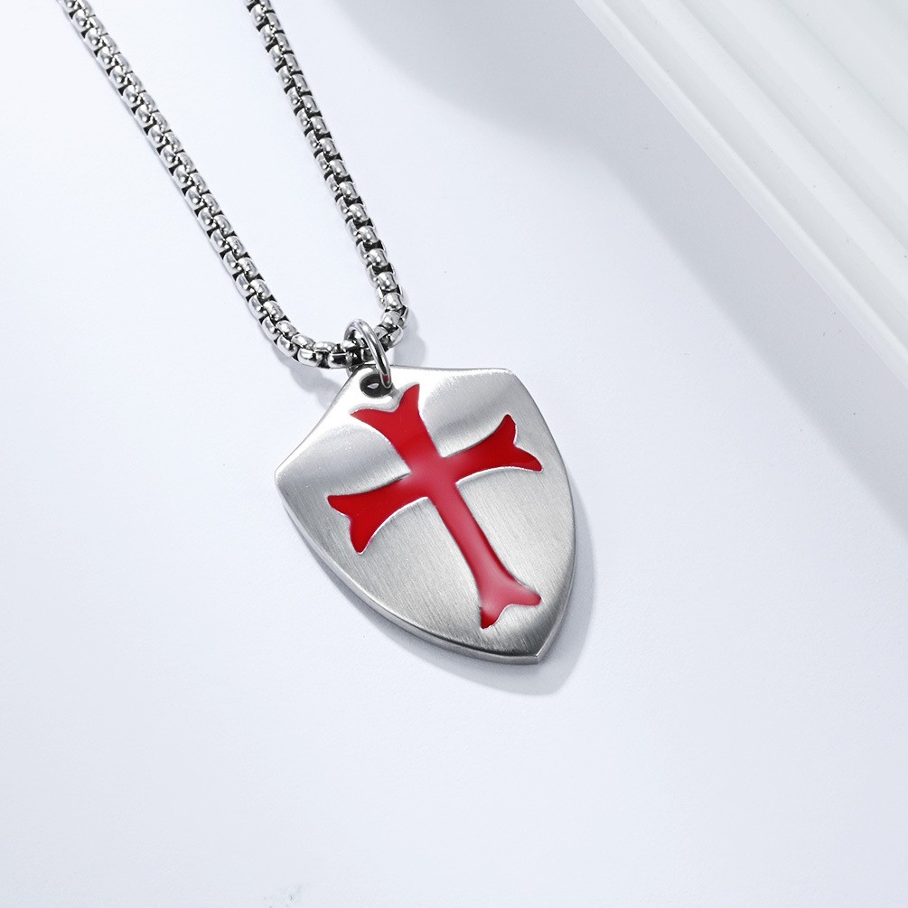 Stainless Steel Crusader Knights Templar Cross Shield Pendant Necklace For Men