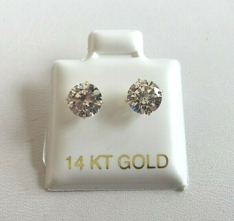 14K SOLID YELLOW GOLD STUD EARRINGS W/ 2 CARATS LAB SIMULATED DIAMONDS/ 6MM