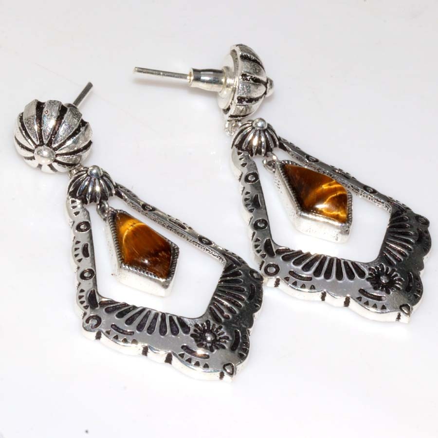 Exclusive Stud Tiger Eye 925 Silver Plated Earrings 2.2″ New Year Jewelry JW