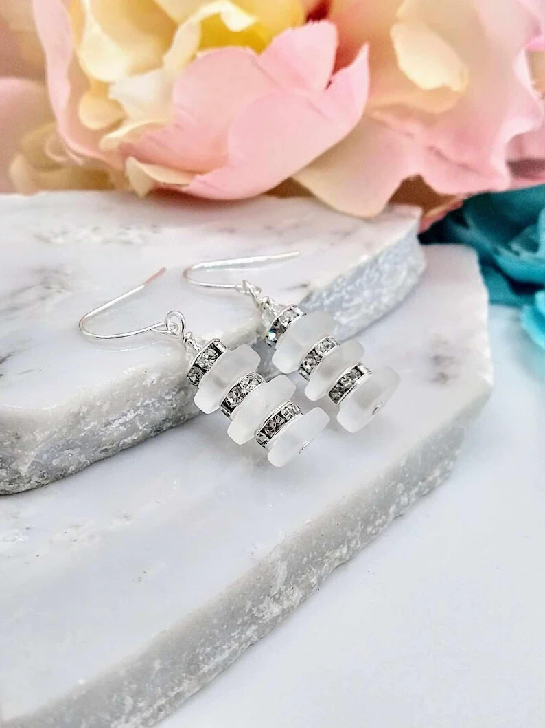 White Sea Glass .925 Sterling Silver Dangle/Drops Earrings, Crystal Rhinestone