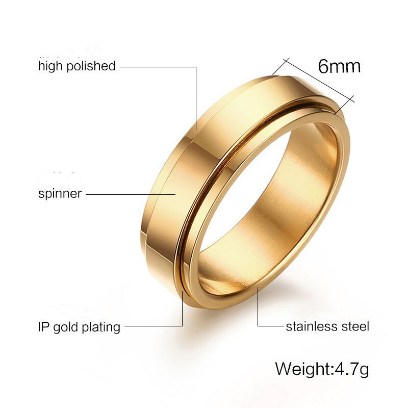 Black/Gold/Silver Spinner Polished Band 6MM Women Stainless Steel Ring Size 5-11