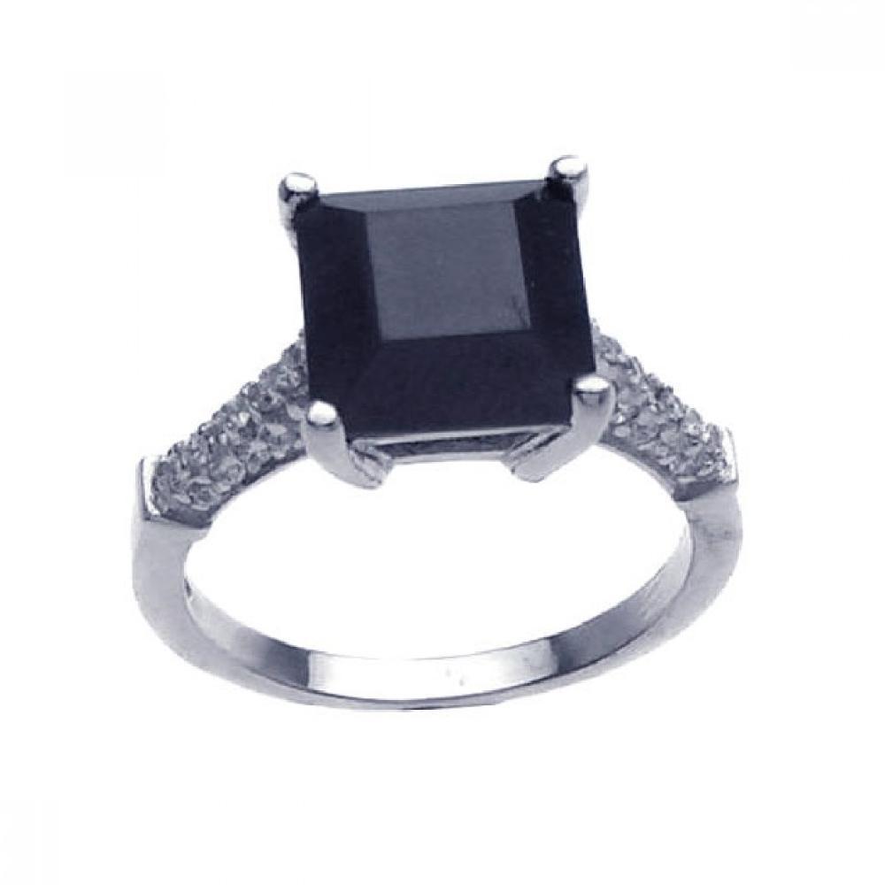 Sterling Silver Ladies Ring w/ Square 10mm (5.6 ct) Black & 1 mm Clear CZ Stones