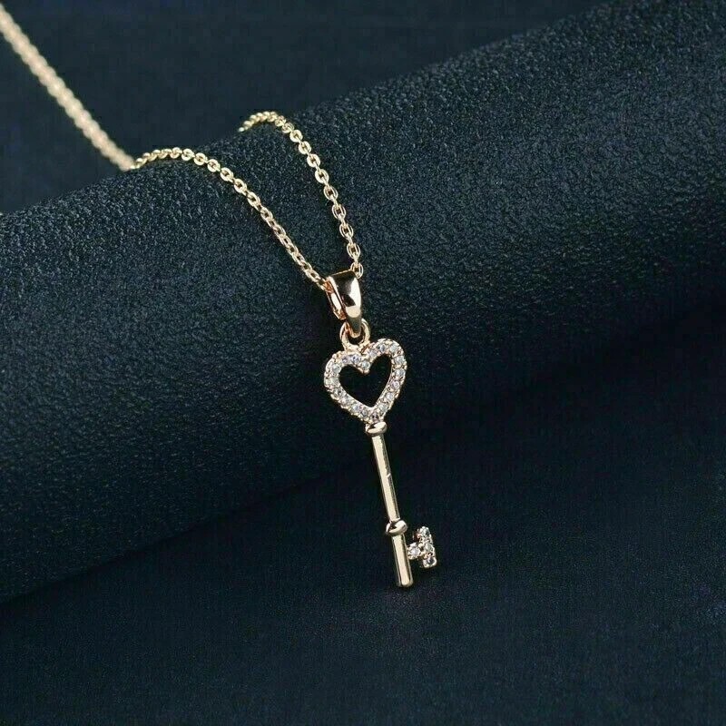 Stunning Key Shape Pendant Round Cut Simulated Diamond In 14K Yellow Gold Plated