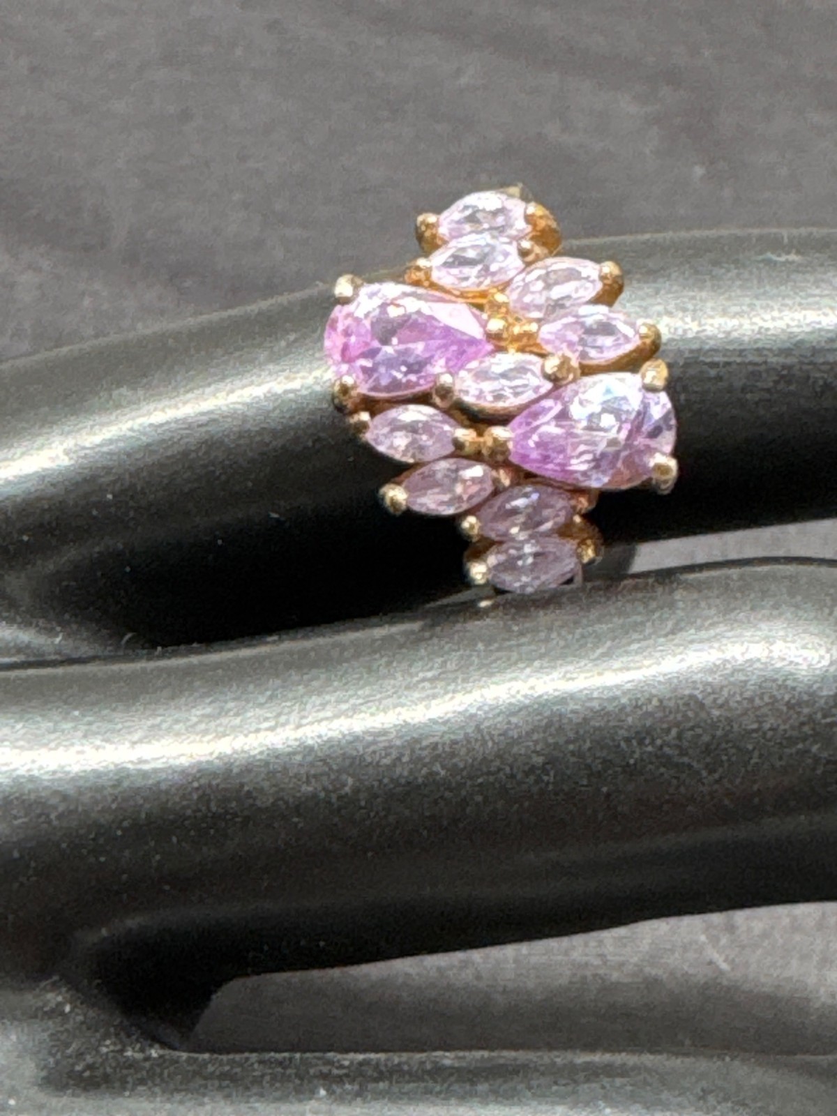 Gold Tone Cocktail Ring With Pink & Purple Gemstones In Marquise Cut Design