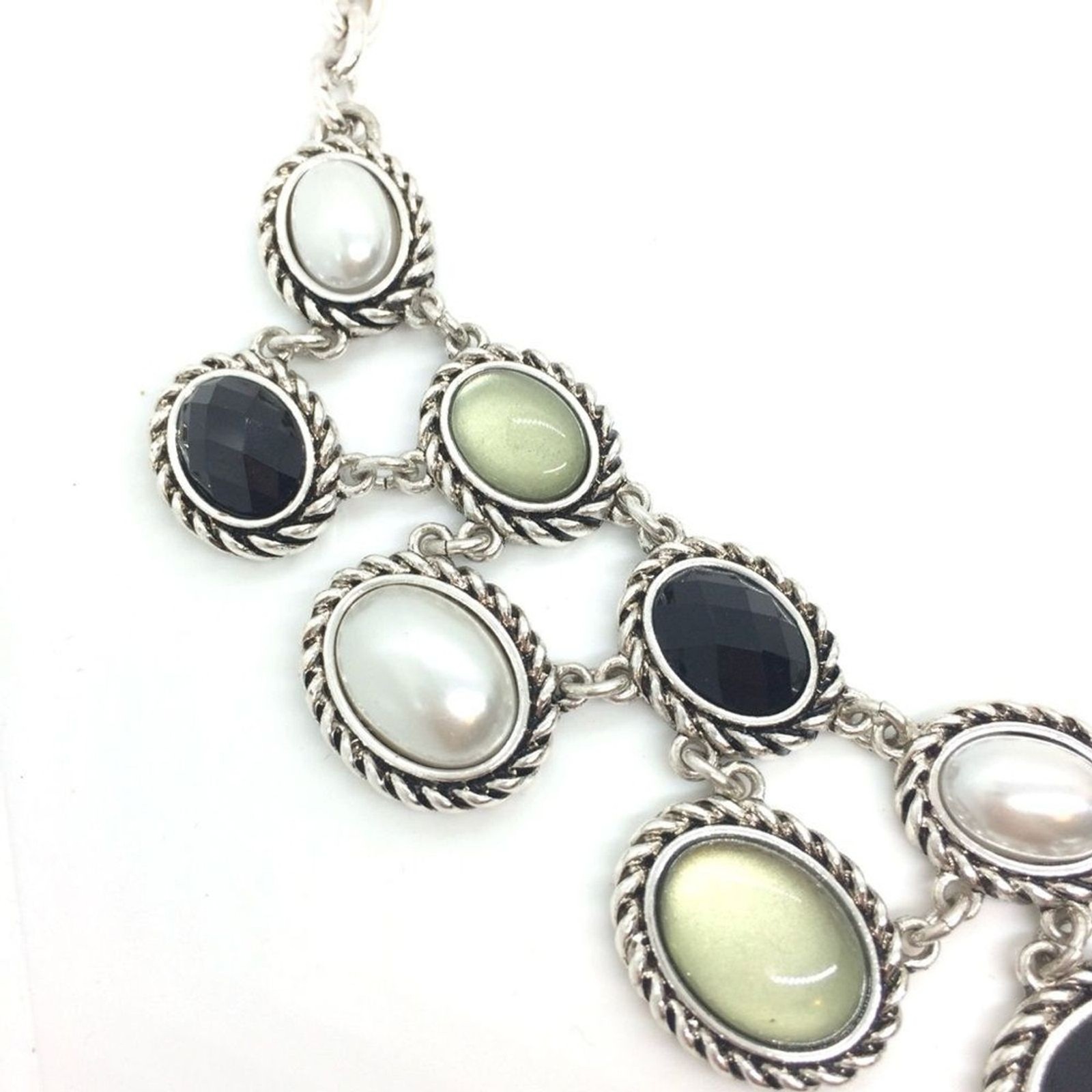 DANA BUCHMAN STATEMENT NECKLACE PEARL CABOCHON BIB COLLAR SILVER TONE REGAL