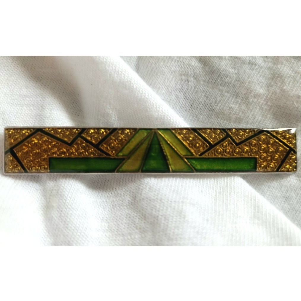Art Deco Gold & Green Enamel Bar Pin Brooch Geometric Metal No Stone