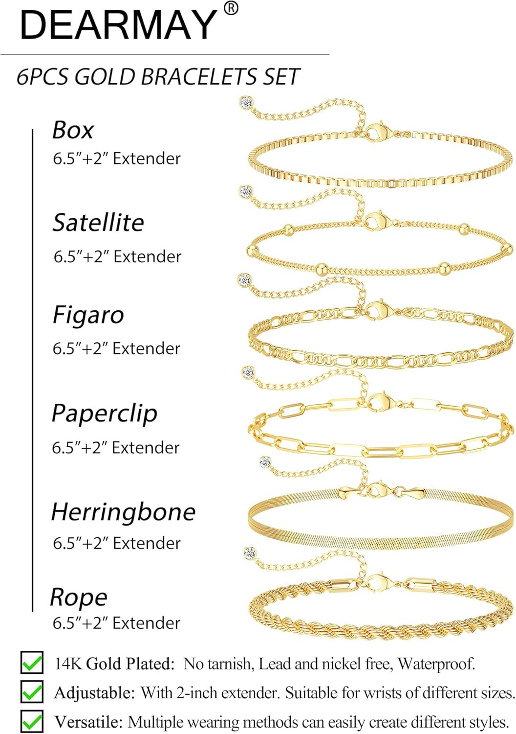 Dearmay Gold Bracelets for Women Waterproof, 14K Gold Plated Minimalist Bracelet