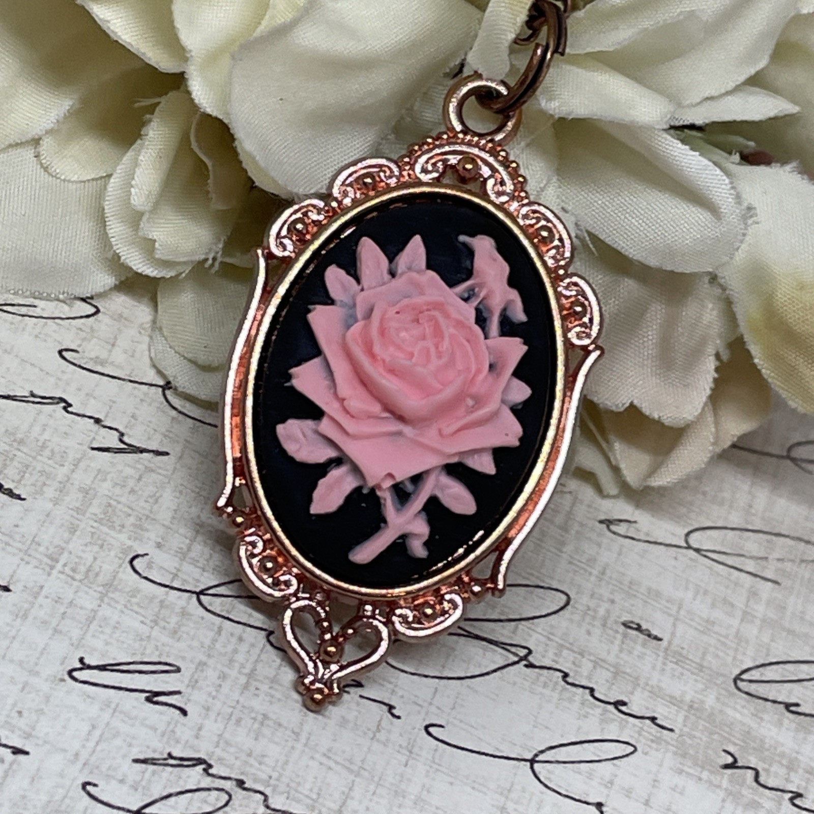 Gothic Steampunk Halloween Rose Gold Necklace Black Pink Rose Cameo Jewelry
