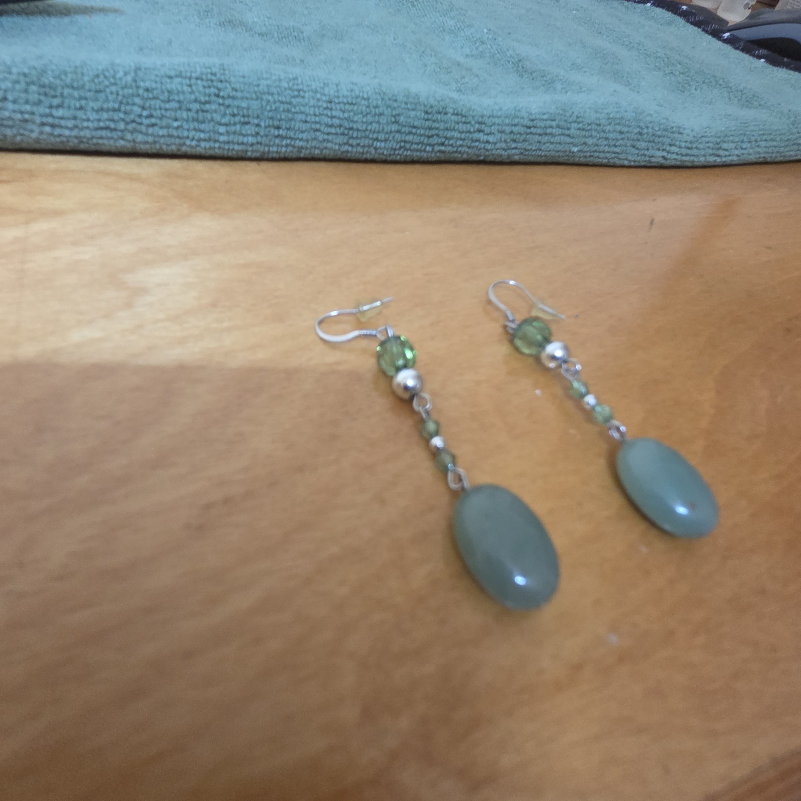 Green Teardrop Beaded Dangle/Drop Earrings, Stone & Metal Hook Closure