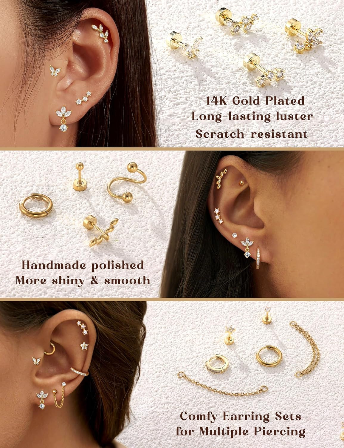 Cartilage Earrings for Women – 14K Gold Plated Flat Back Helix Conch Tragus Pier