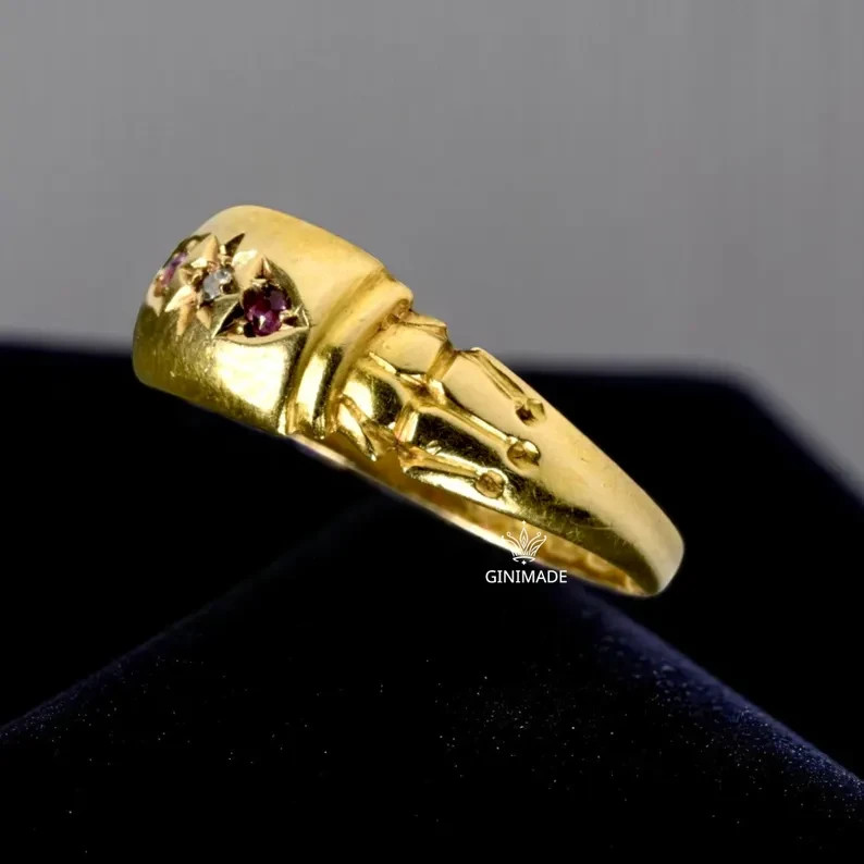 Victorian Starburst Pinky Ring CZ Diamond Ruby Gold Tone
