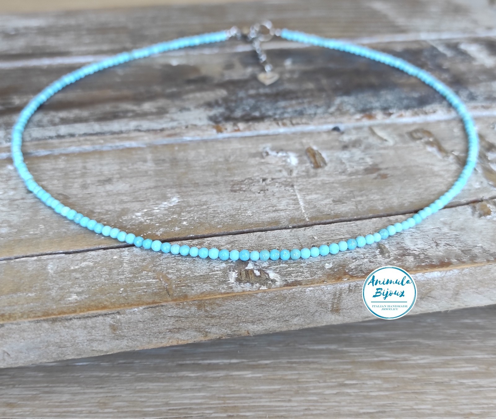 Blue Stone Turquoise Adjustable Choker Fine Necklace Handmade Steel Heart