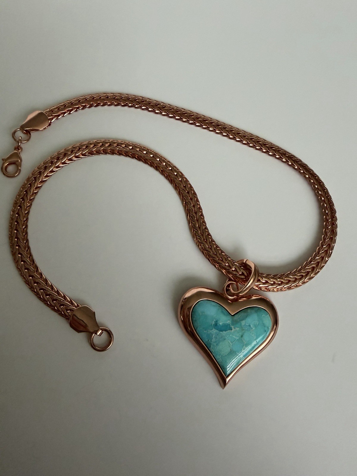 TIMNA COLLECTION Turquoise Heart Copper Enhancer with Copper Wheat Chain 18″