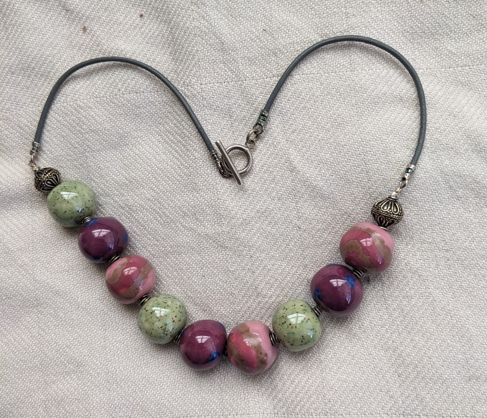Necklace Pinks/ Greens Beads Cord Strap/ Back Fastening Delightful Hues Feminine