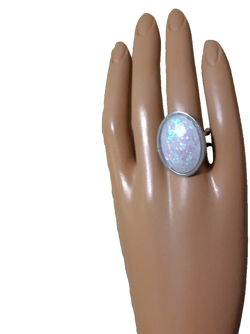 White Opal Ring – Resin Fiery Opal Ring 18 x 25mm in Double Stainless-Steel Band
