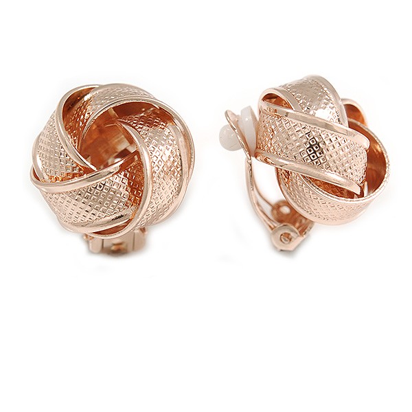 Rose Gold Tone Textured Knot Clip On Earrings – 20mm Diameter