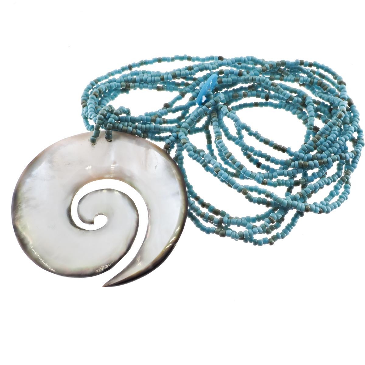 Maori Koru Mother Of Pearl Shell Turquoise Glass Beads Necklace, 2 3/16″