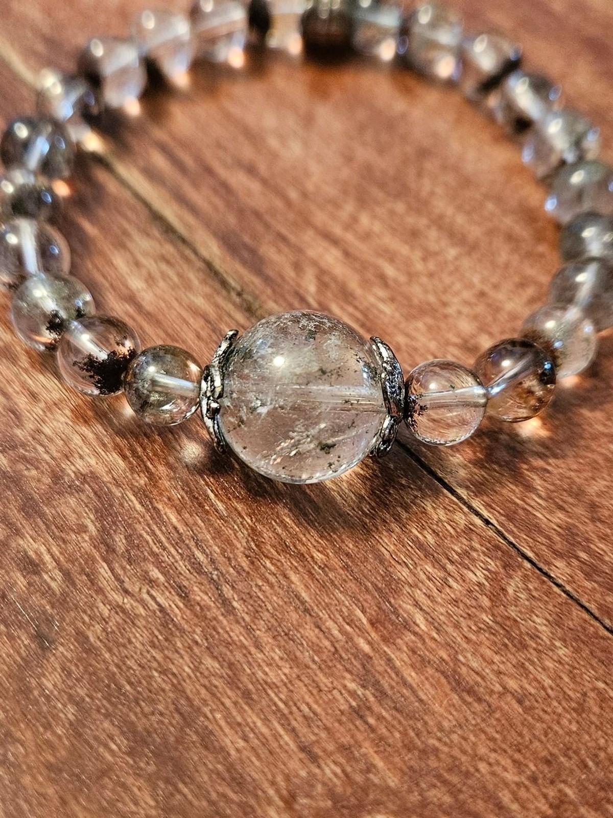 Lodolite Quartz Beaded Bracelet with Crescent Moon Charm