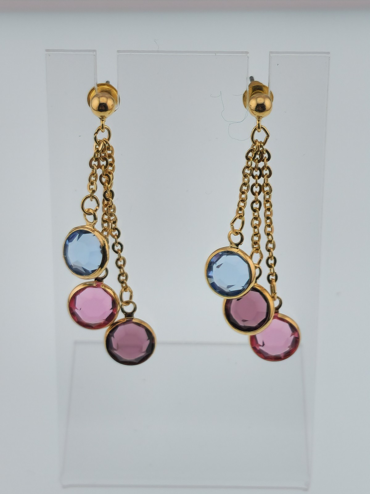 Gold Tone Colored Stone Dangle Drop Post Back Earrings
