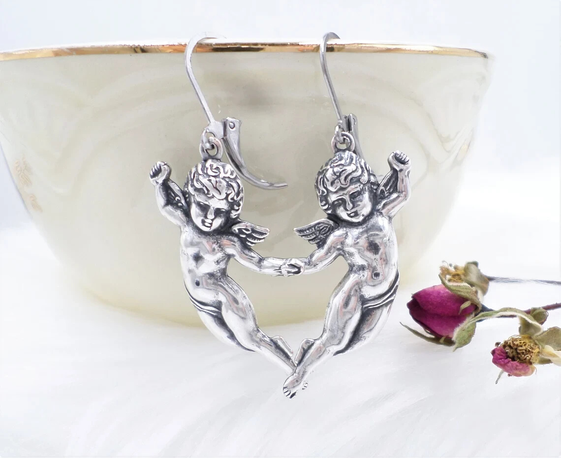 Sterling Silver Plated Cherub Cupid Dangle Earrings, Guardian Angel Jewelry