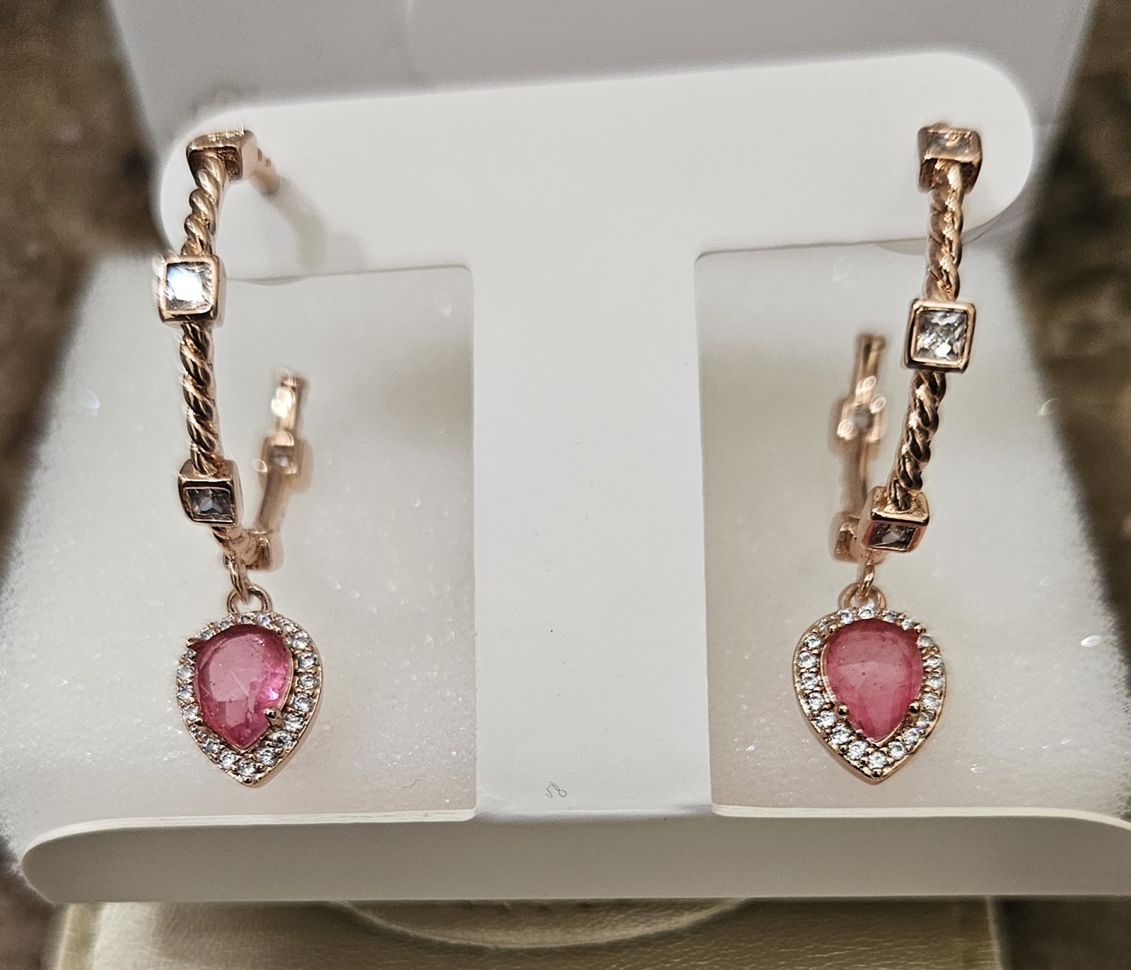 Bomb Party Resort Wear Pink Topaz Genuine Quartz Hoop Earrings On Rose Gold NEW
