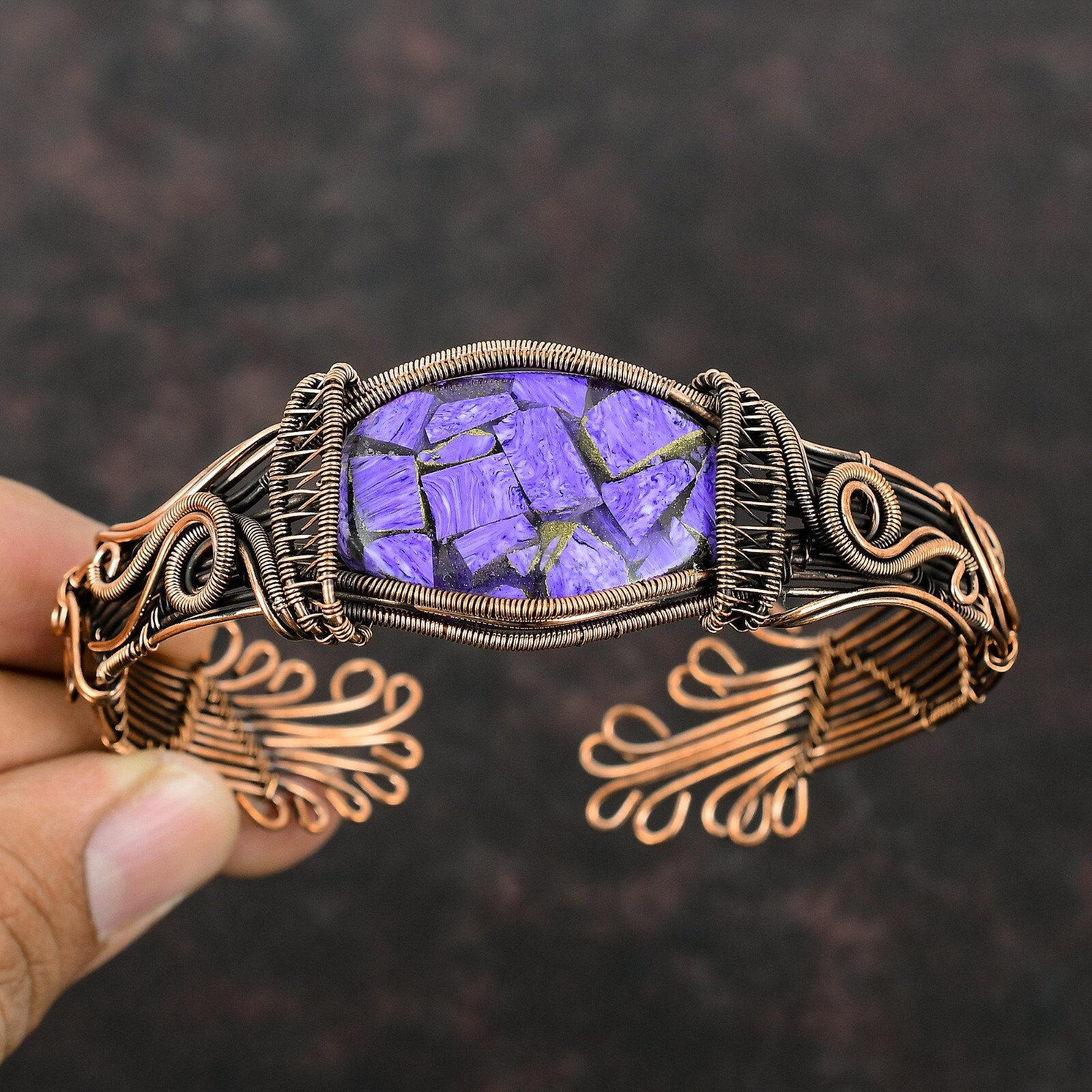 Gift For Her Russian Charoite Wire Wrapped Adjustable Cuff Copper Jewelry