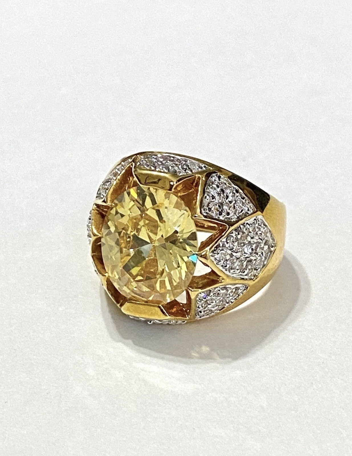 RJG Designer Shiny Statement Gold Tone Faux Citrine Diamond Cocktail Ring Sz 6.5