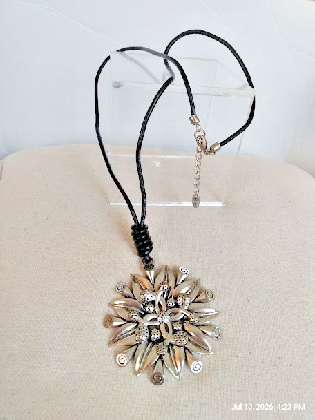 Silver Tone Flower Brooch Corded Necklace Hang Tag-Elisa