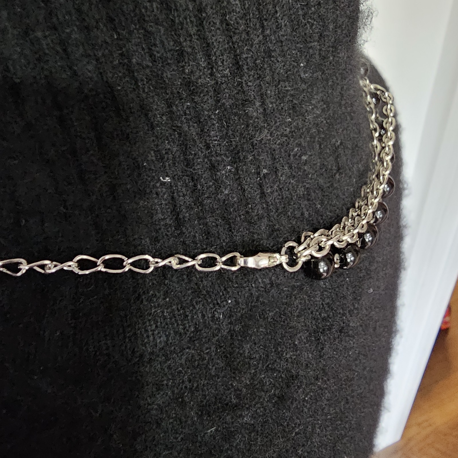 Silver Tone Black Flower Statement Necklace Layered Chain Floral Crystal Accent