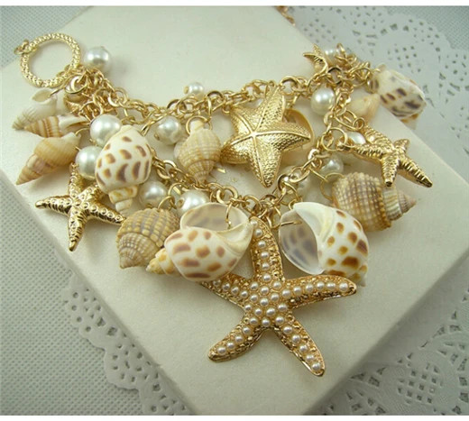 Beach Seashell Starfish Necklace Gold Chain Pearl Boho Statement Jewelry Women