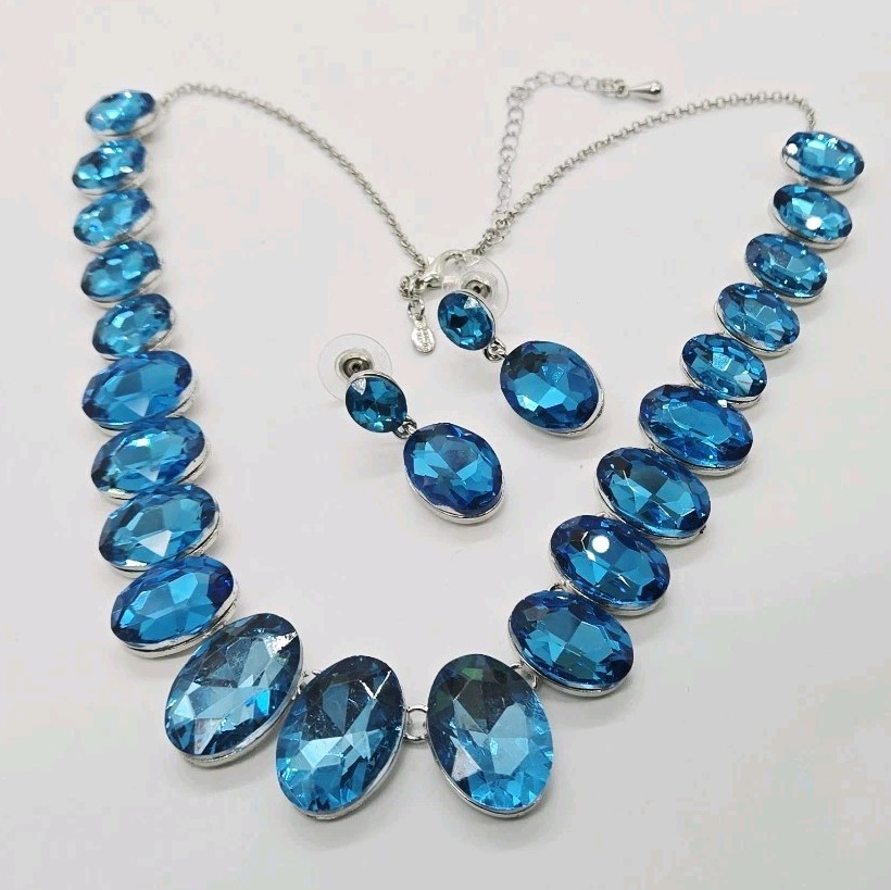 Kirks Folly Teardrop Treasures Necklace & Pierced Earrings Set Silver Blue
