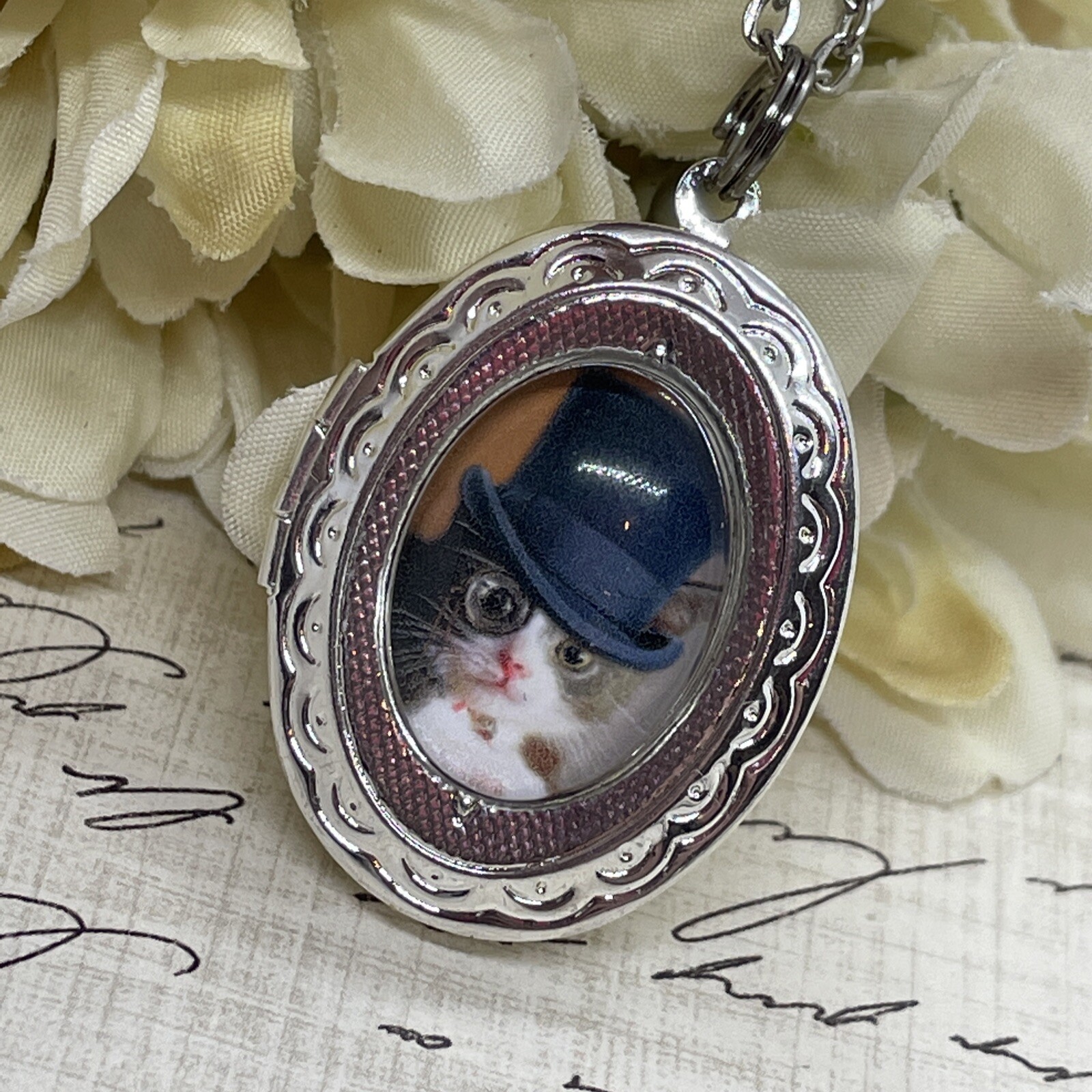 Silver Glasses Steampunk Cat Kitten Locket Necklace Pendant Wedding Top Hat