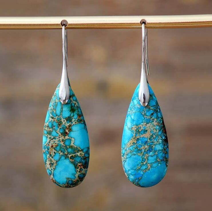 Natural Blue Imperial Jasper Stone Teardrop Dangle Earrings Gemstone Earrings