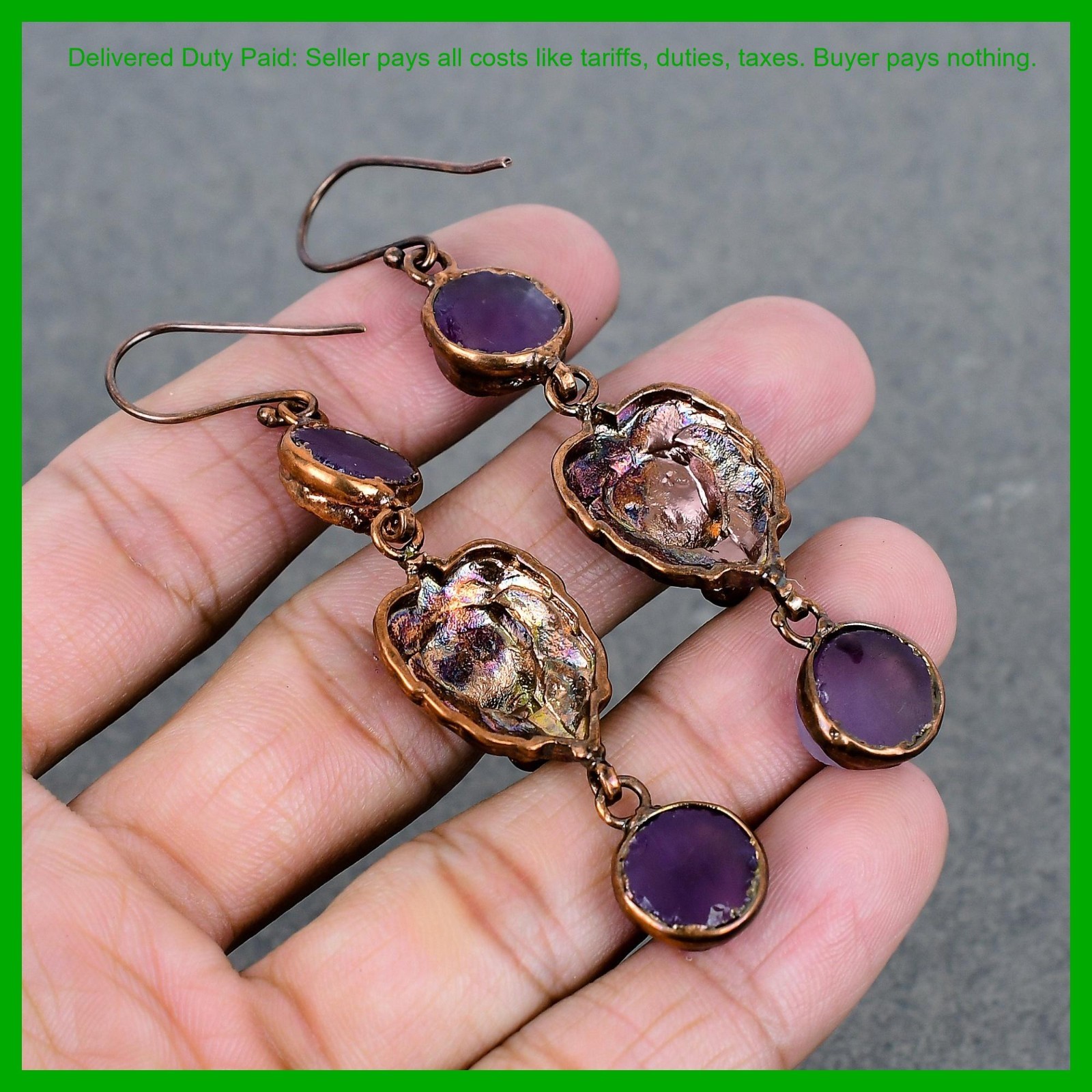 African Amethyst Rough Stone Copper Dangle Electroformed And Lion Face Earrings