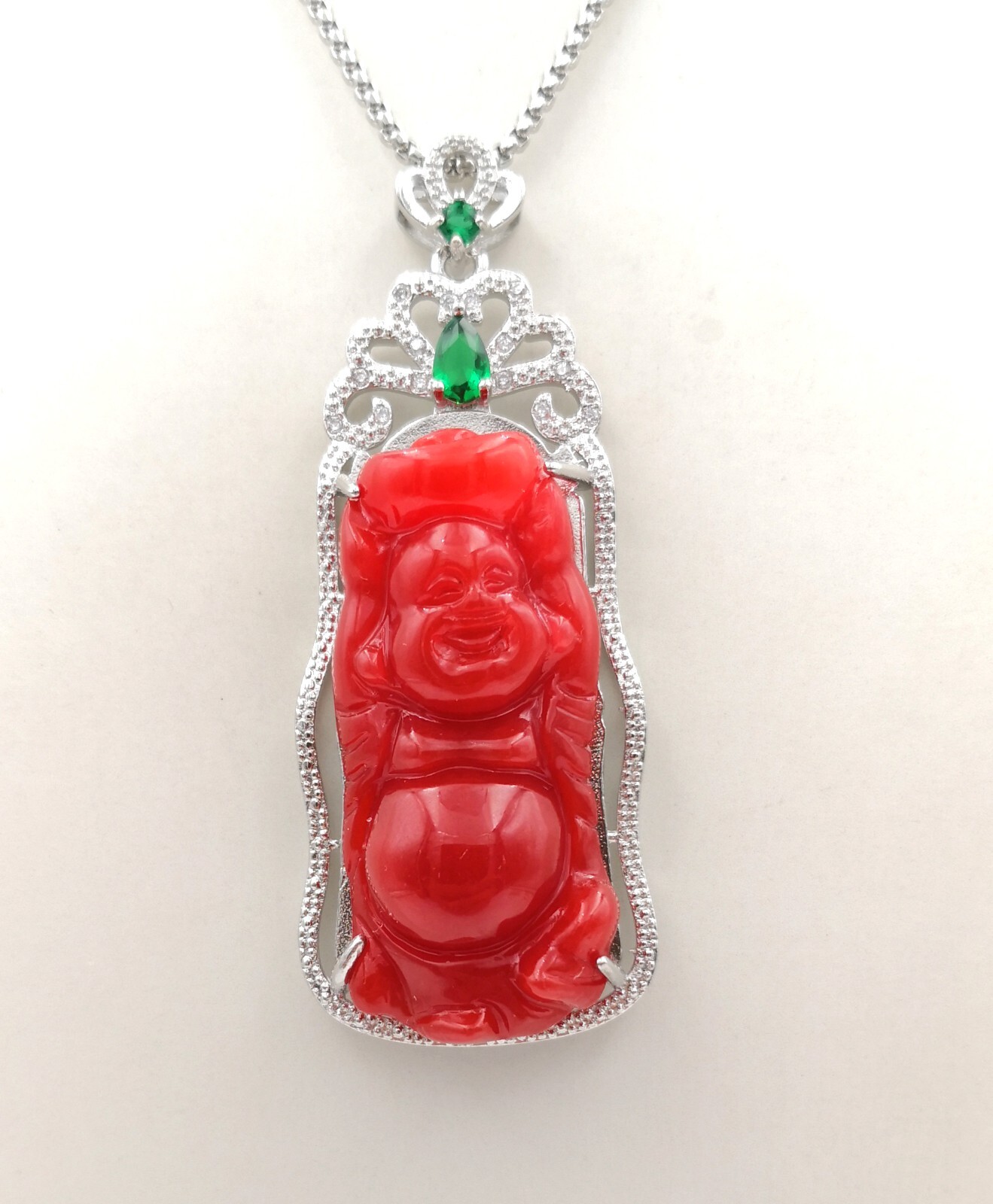 Multicolor Green Red Jade Stand Maitreya Buddha 18KGP Crystal Pendant Necklace