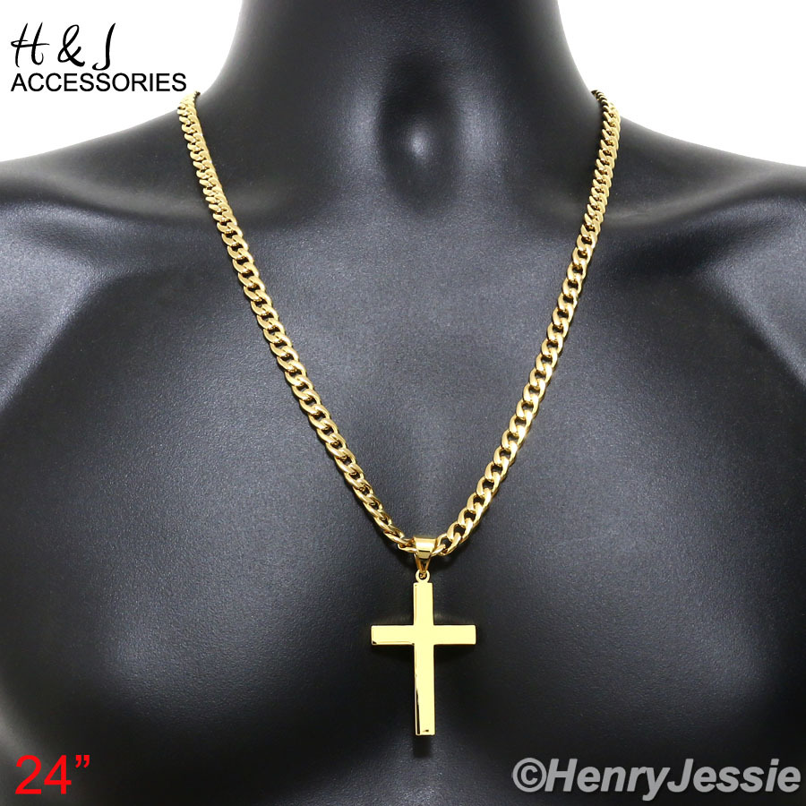 18-40″Stainless Steel 6mm Gold Plated Cuban Curb Chain Plain Cross Pendant*P64