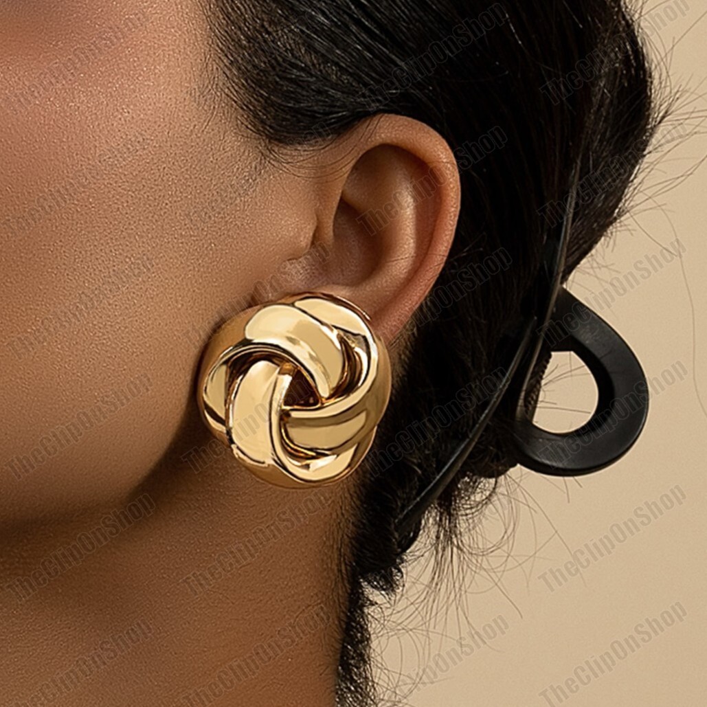 Clips/Studs LARGE 3.5cm BIG KNOT STUD EARRINGS retro GOLD/SILVER TONE metal UK