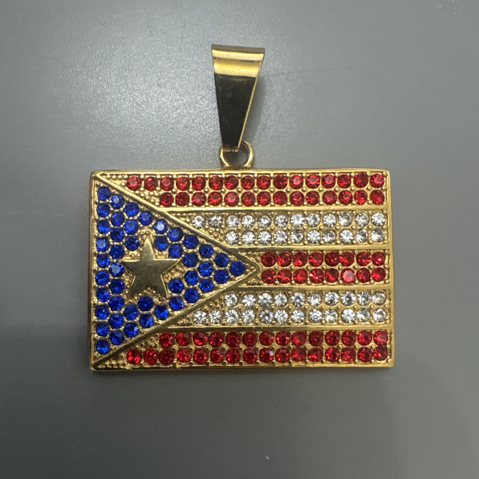 Puerto Rico Flag Pendant Gold Plated Stainless Steel 24 Inch Chain Necklace Mens