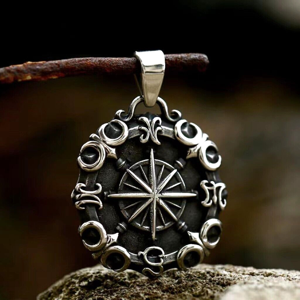 Silver North Star Compass Pendant Necklace Chain Men’s Protection Jewelry Gift