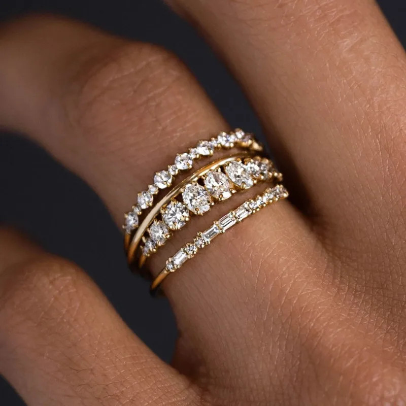 4PCS Stacking Ring Gold Plated Wedding Cocktail Band Inlaid Zircon Women Jewelry
