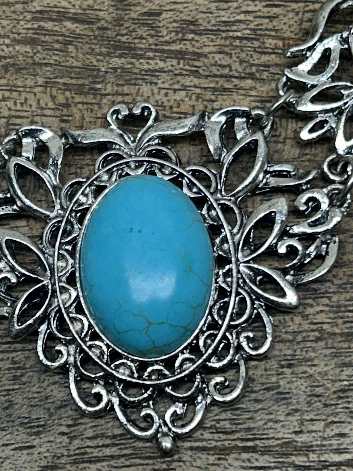 Turquoise mounted on Silver Tone Alloy & Magnetic Silver Chain Choker/ Necklace