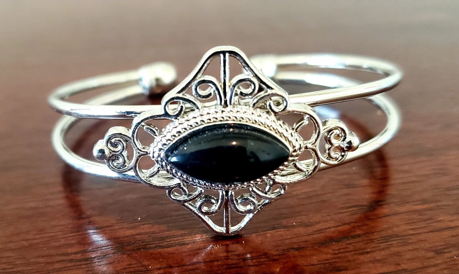 Toni Silvertone Genuine Black Onyx Open Cuff Bracelet 7×15 mm Women Adjustable