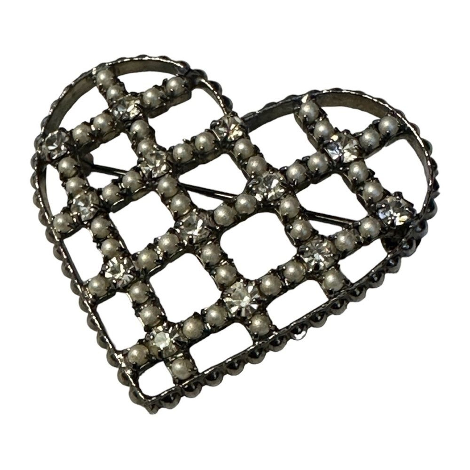 Boutique Heart Shaped Silver Tone Pearl Crystal Check Brooch