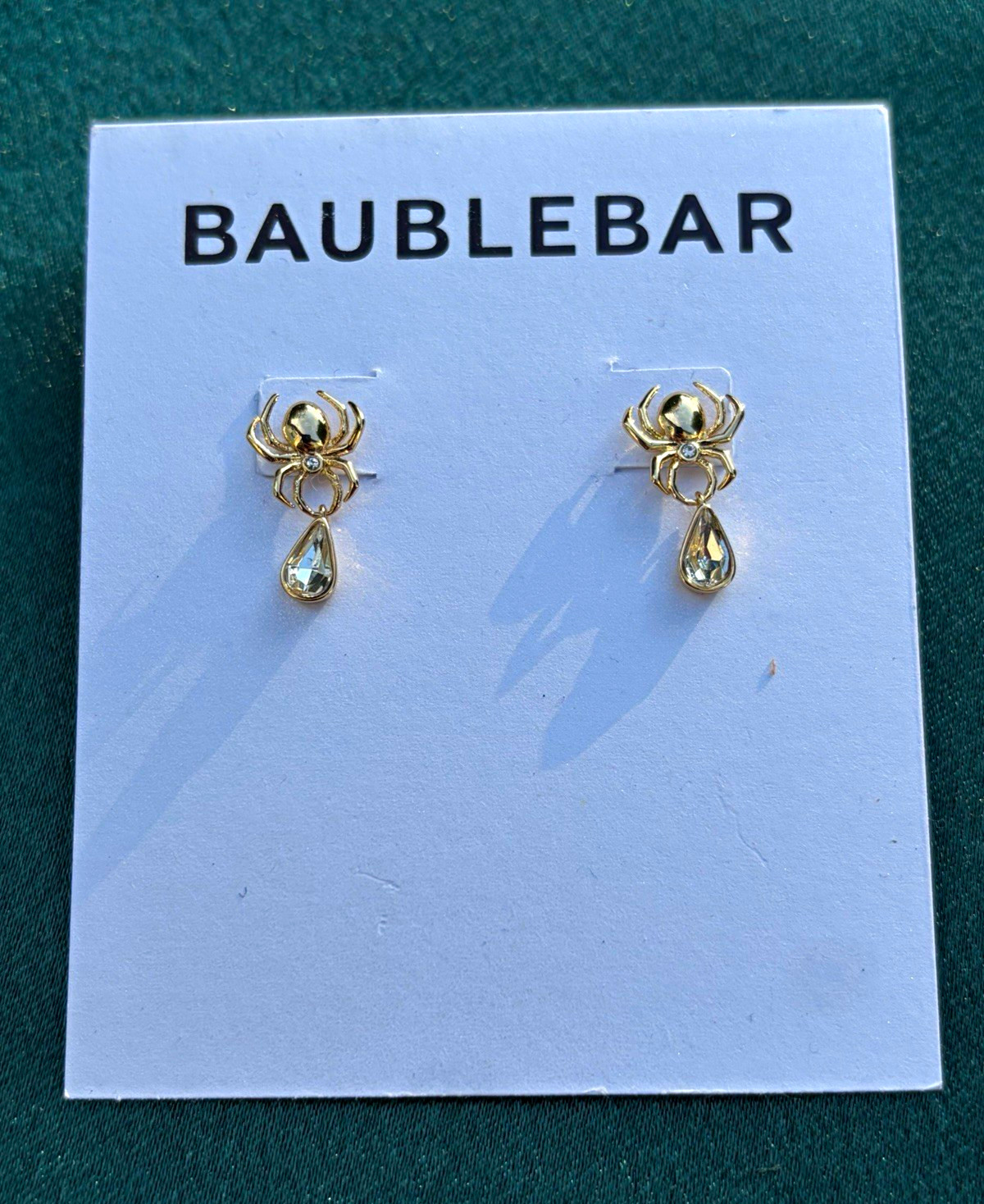 BaubleBar Gold Tone Spider Teardrop Clear Crystal Drop Stud Earrings