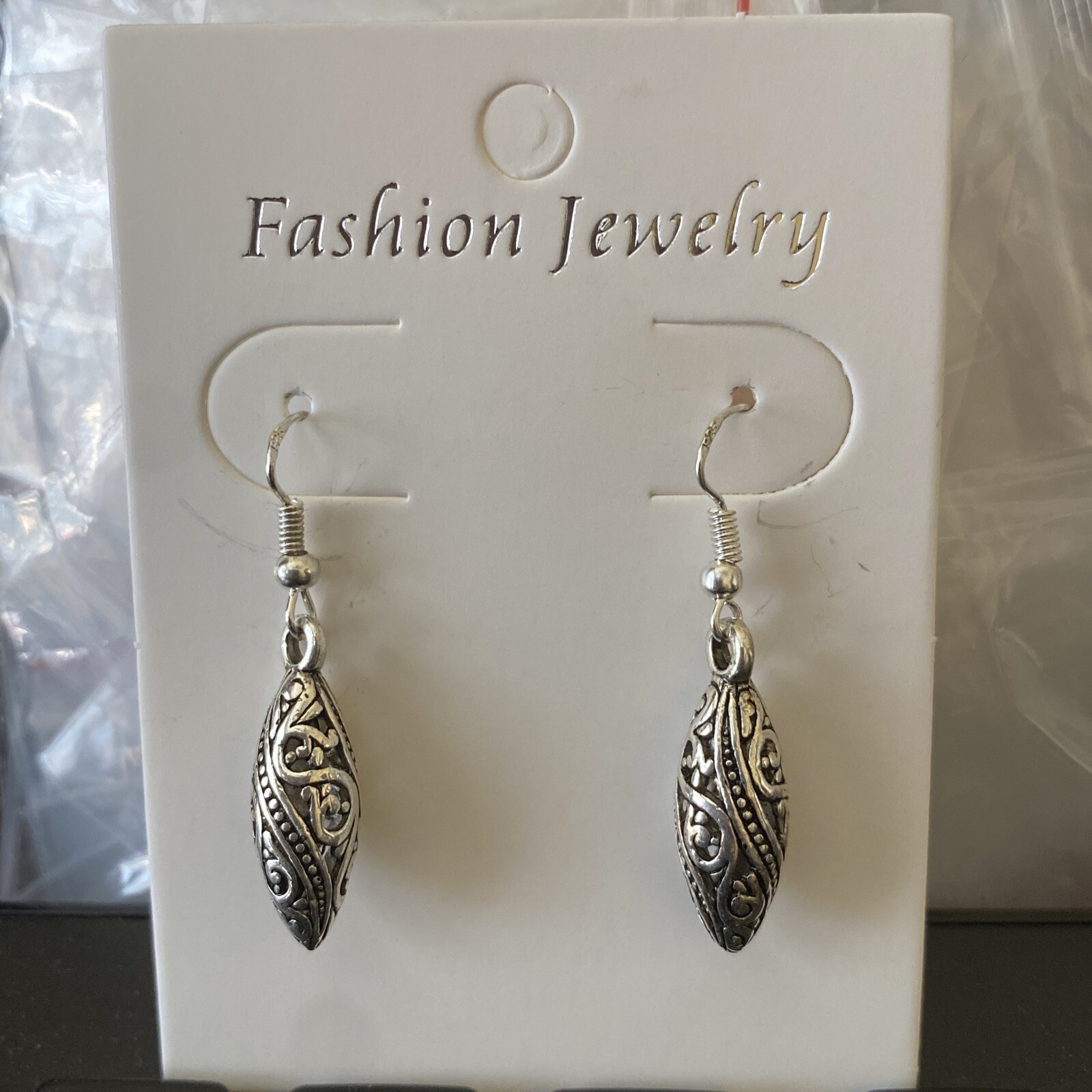Designer Inspired Carved Oxidized Oblong Bead Charm Hook Dangle Drop Earrings