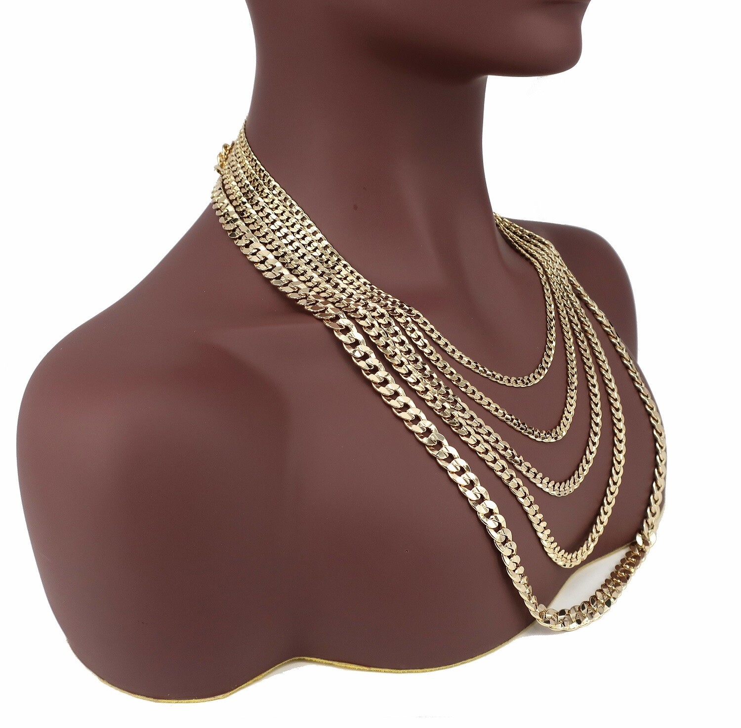 Concave Cuban link Chain Necklace Bracelet 5mm to 10mm Yellow 14K Gold Plated