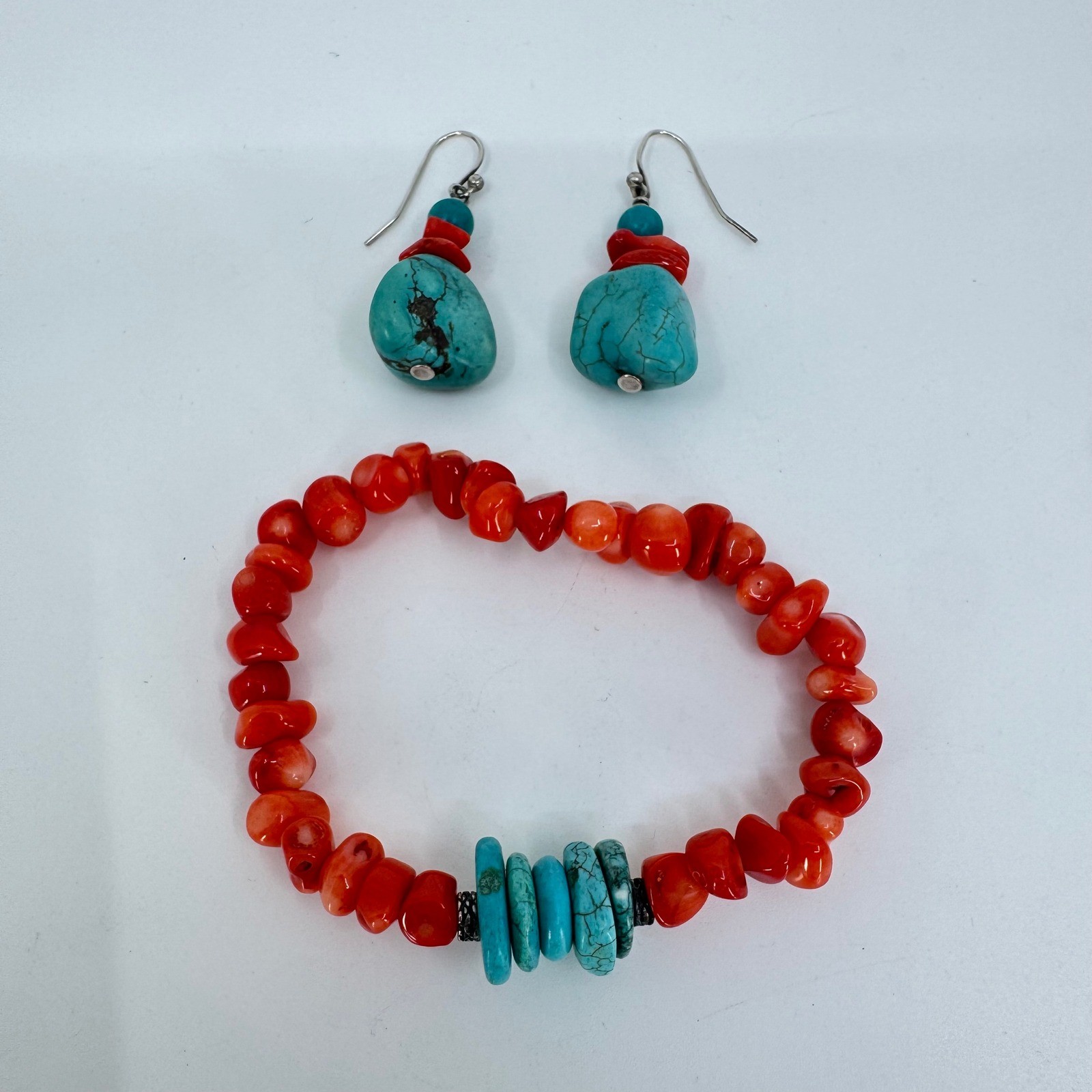 Red Bamboo Coral Turquoise Color Stone Jewelry Set Sterling Silver 925 Earrings
