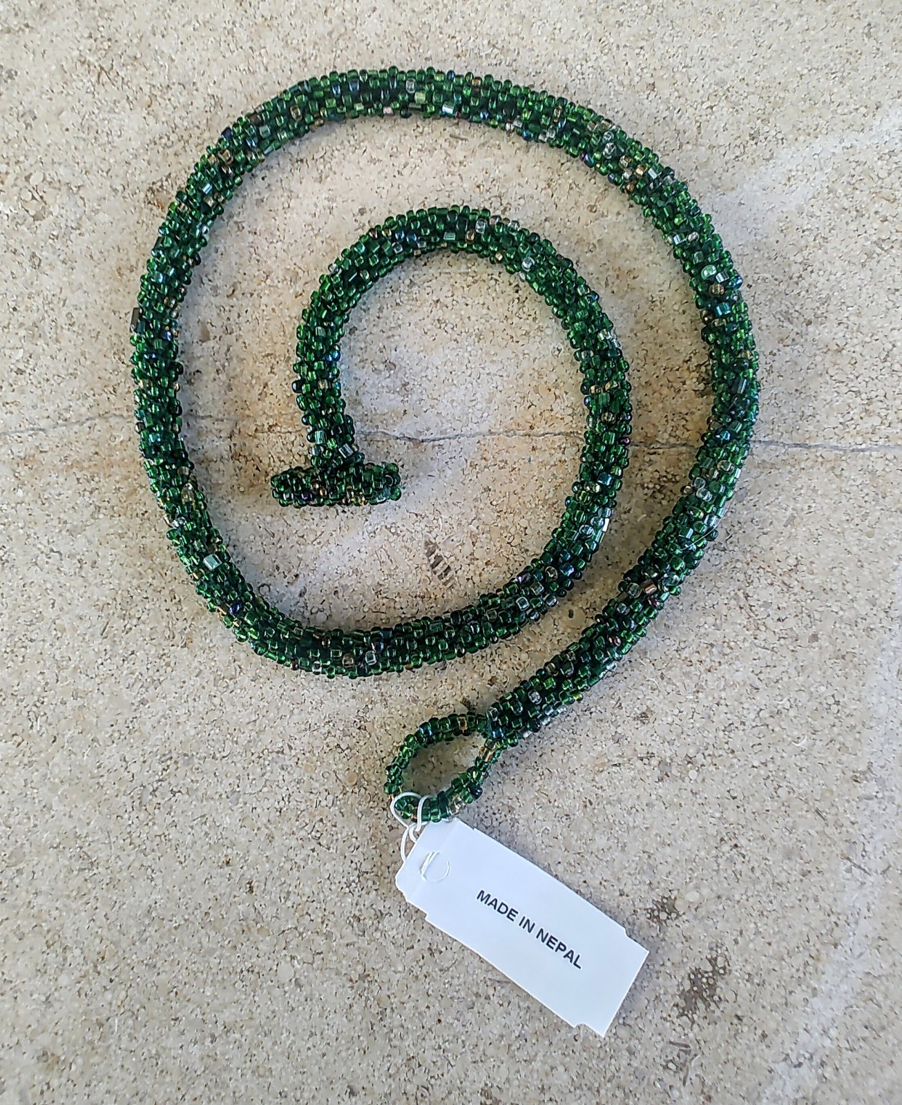 Andrew Stone Nepal Green Glass Bead Rope 20″ Necklace
