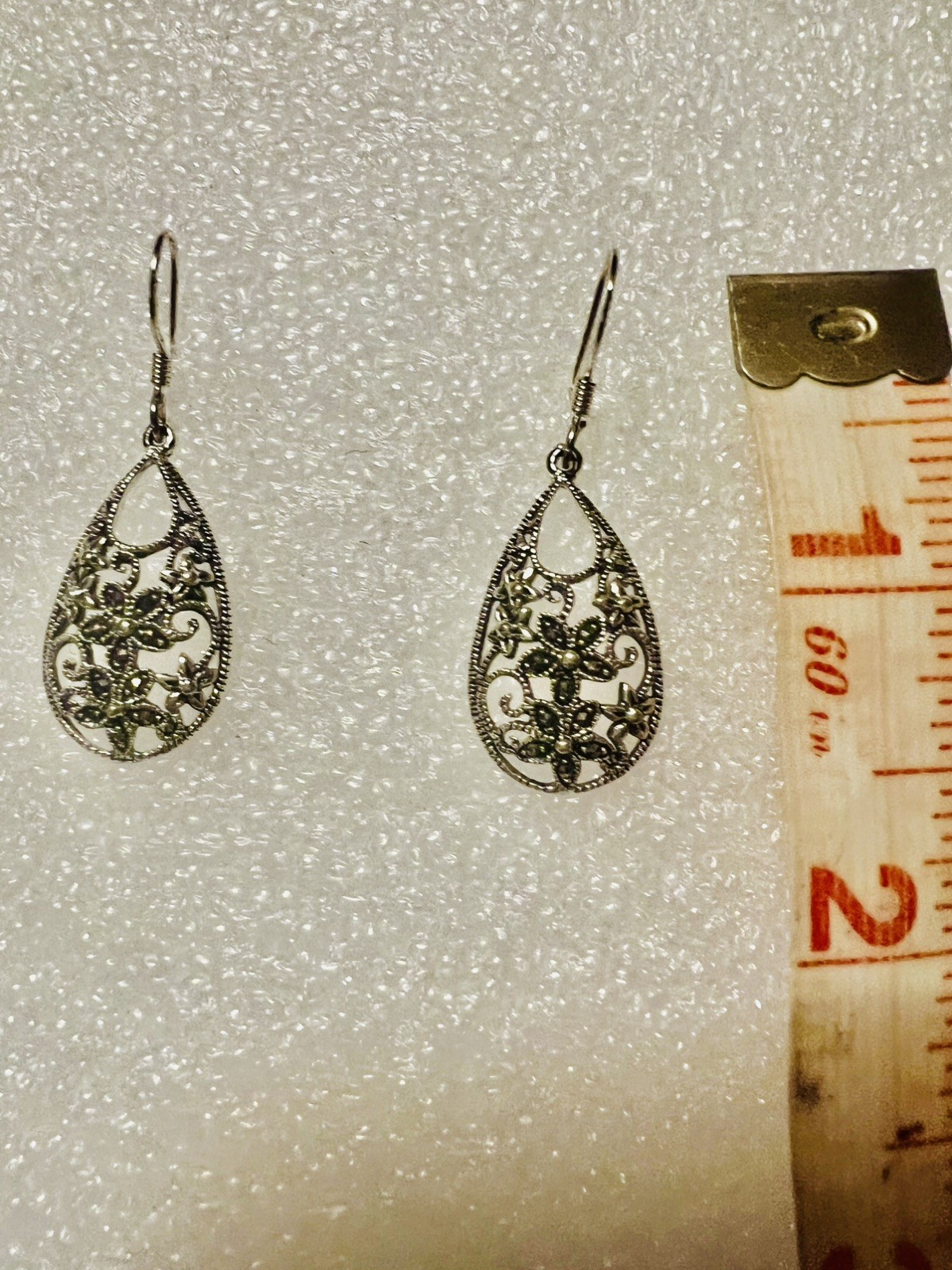 Vintage 925 Sterling Silver Tone Drop With Marcasites Earrings Elegant Gift
