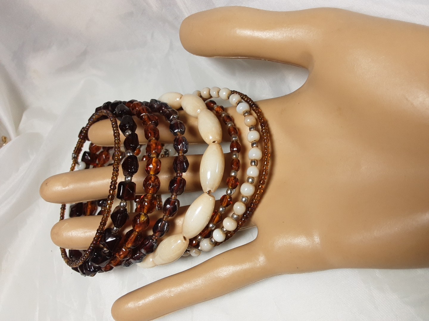 Bracelet Brown Beige Wrap Coil Multi Colors Different Kind Of Beads Wide 1.5″